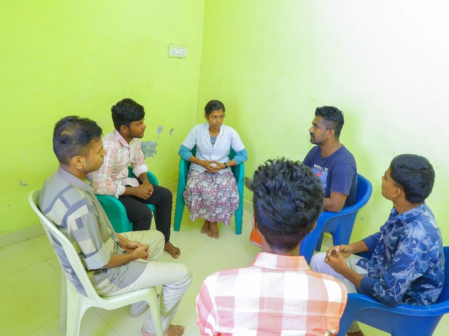 The daily group therapy session at Dunamis rehabilitation centre, Madurai