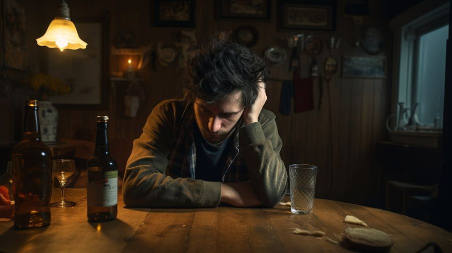 A man sitting alone with bottles on the table