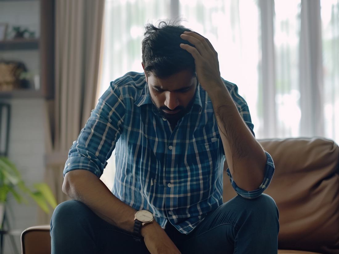 A man sitting with his head in his hands, struggling with dependence