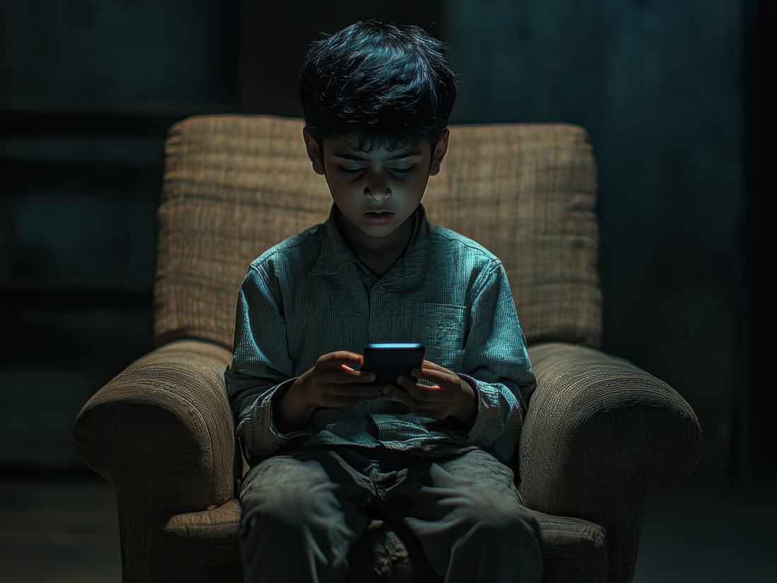A boy alone in a dark room, his face lit by a phone screen